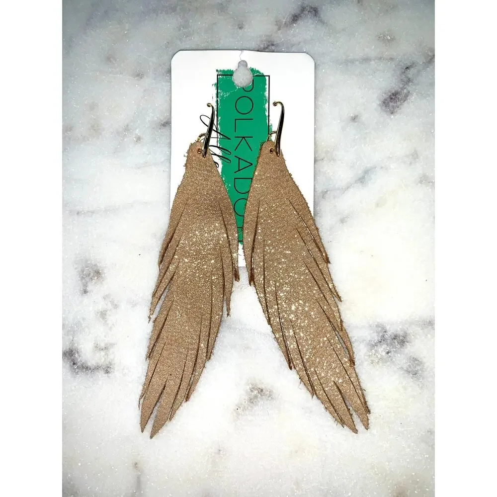 Long Shimmer Leather Gold Feather Dangle Earrings NWT